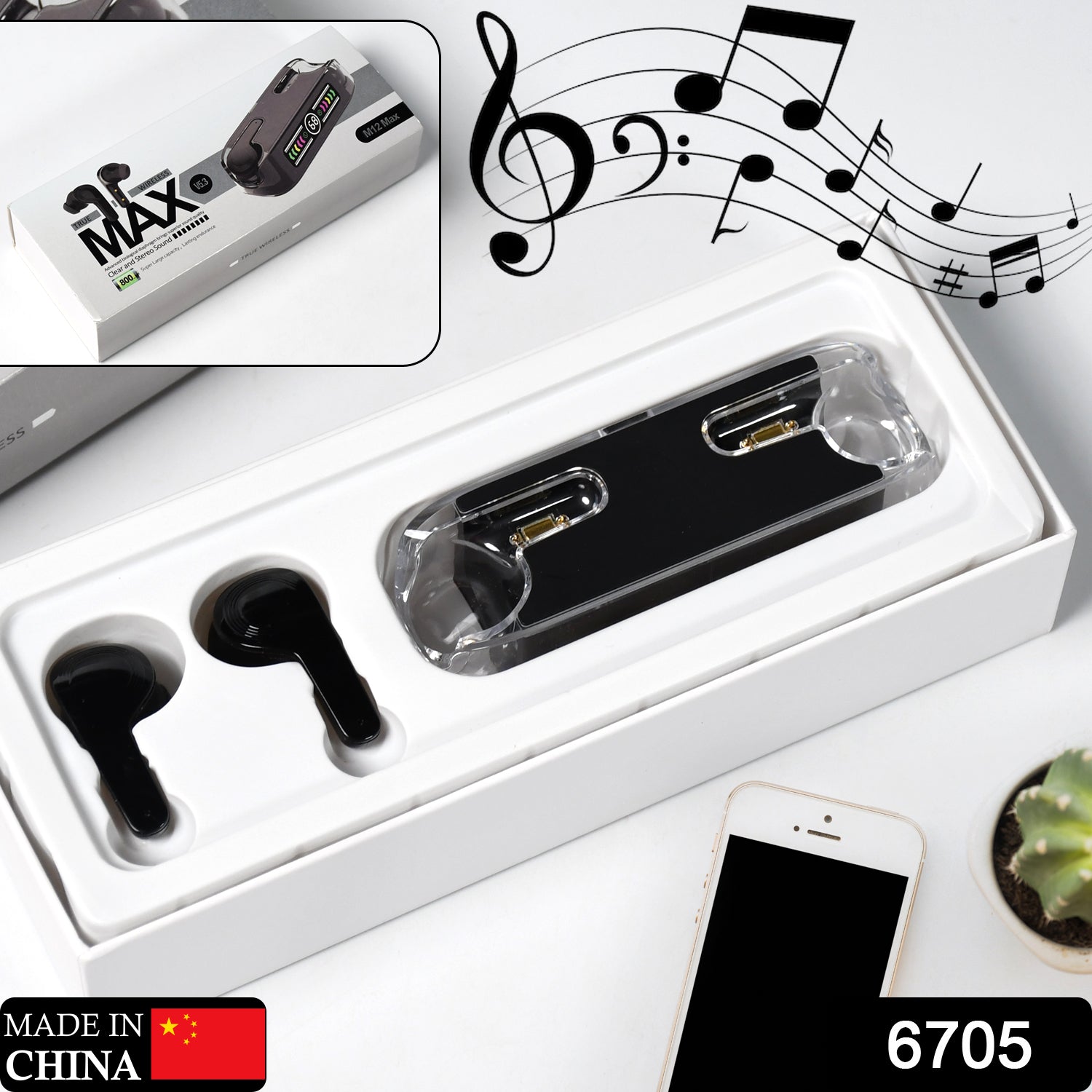 6705 Earphones, with touch control, Black Bluetooth M12 Max  Wireless Technology Stereo Sound made with High-end Material 